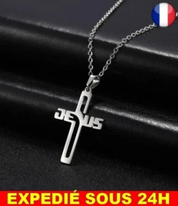 Collier JÉSUS CROIX Mode Pendentif Bijoux Acier Inoxydable Chaîne Chrétien Homme - Picture 1 of 3