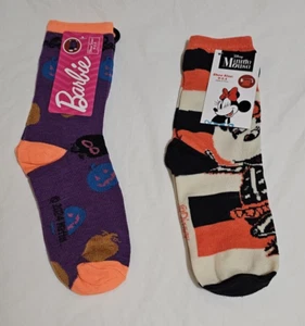 Barbie and Minnie Mouse Novelty Halloween Socks 2 pair Fits Shoe Size 9-2.5 New - Picture 1 of 8