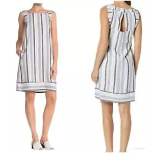 Sharagano Petite Linen Blend Pocket Square Neck Striped Shift Dress Size 8P - Picture 1 of 11