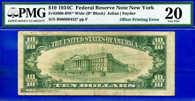1934C $10 Federal Reserve Note PMG 20 rare New York star offset printing error - Image 1 of 2