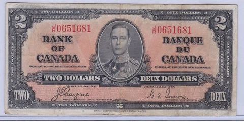 Canada 1937 2 Dollars Banknote--Coyne-Towers,  Prefix J/R.  In Sleeve. Fine + Cover