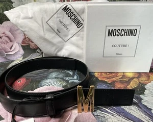Moschino M Logo Leather Belt In Gold Size 40 - Picture 1 of 5