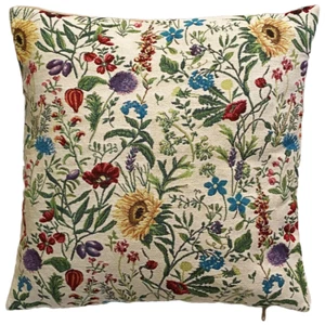 BELGIAN TAPESTRY FLEURS DES CHAMPS CUSHION PILLOW COVER 18", ZIP, VELVET BACK - Picture 1 of 9