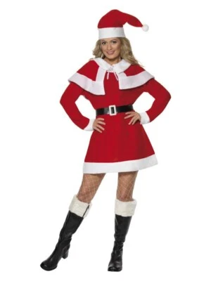 Miss Santa Fleece Costume Christmas Medium Dress Fancy Dress xmas Claus Cape Hat - Image 1 of 4