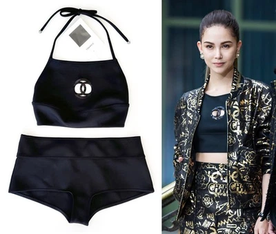 NUEVO CON ETIQUETAS 19C CHANEL NEGRO RECORTADO LOGOTIPO CC TRAJE DE BAÑO CONJUNTO DE PANTALONES CORTOS BIKINI 36 38 Foto 1 de 4
