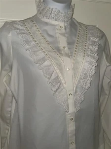 Teddi of California Vintage 1970er weiß Rüschenkragen Polyester Hemd Größe 16 \ - Bild 1 von 9
