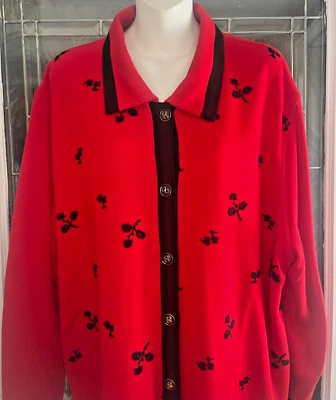 Eccotoo Cardigan Sweater Red with Black Flowers Metallic Buttons Size 4X - Image 1 of 4