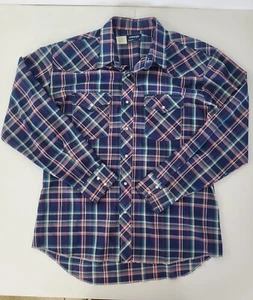 VINTAGE Wrangler USA Shirt Mens XL Plaid Blue Western Pearl Snap Long Sleeve - Picture 1 of 10