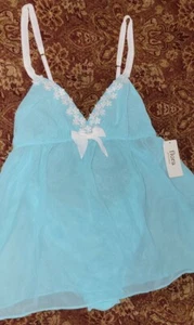 NWT Flora Nikrooz Babydoll Nightie Teddie Lingerie Tffany Blue White Large 2pc - Picture 1 of 12