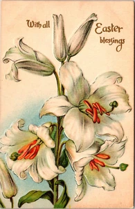 WITH ALL EASTER BLESSINGS- Embossed Postcard White Lily Flowers - Imagen 1 de 2