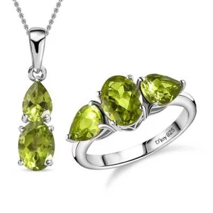4.65ctw Peridot Ring & Pendant with Chain 20" Set Platinum Plated Size 6 - Picture 1 of 6