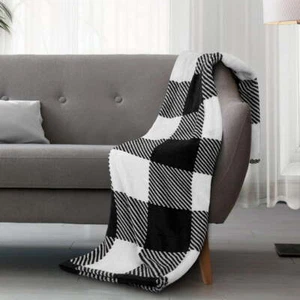 DecorX Buffalo Plaid Flannel Throw Blanket - Cozy, Soft & Stylish in Black/White - Picture 1 of 9