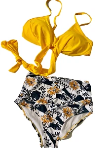 2 Piece Swimsuit SMALL Yellow Floral High Waisted - Picture 1 of 3