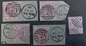 1870s- Malta (British PO) lot of 5 x 2 1/2 mauve QV stamps A25 duplex cancels - Picture 1 of 3