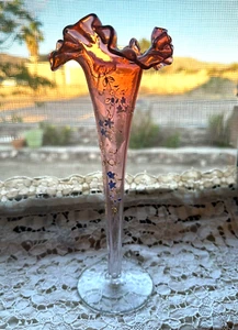 Victorian Amberina Ruffled Vase Hand-Painted Enamel 8 1/2" WATCH VIDEO NOW! - Picture 1 of 10