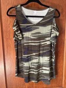 Womans Cold Shoulder Blouse Shirt Top Casual Summer Tunics Large Camo Green - Picture 1 of 6