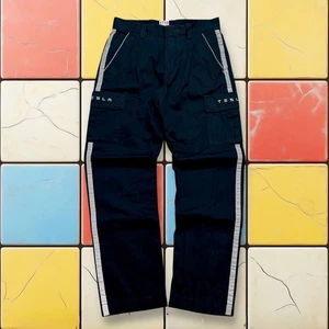 Tesla Y2K Cargo Employee Pants Men Black 34 X 34 Striped Workwear Reflective - Picture 1 of 17