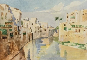 Ciudad oasis marroquí junto al río, hacia 1890, Aq. Romance Desconocido (Siglo XIX) - Imagen 1 de 8