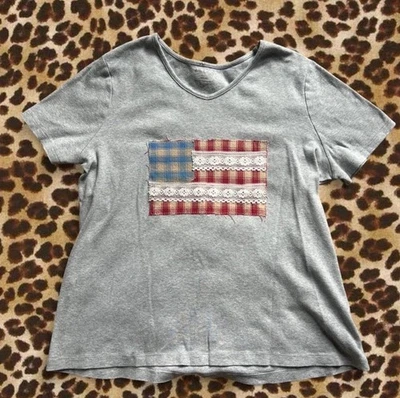 Grey white stag American flag patchwork lace tshirt upcycled women’s XL Boho - Image 1 of 3