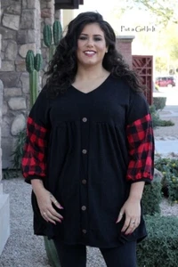 New PLUS SIZE Womens RED BLACK PLAID BABYDOLL SWEATER SHIRT TUNIC 1X 2X 3X USA - Picture 1 of 7