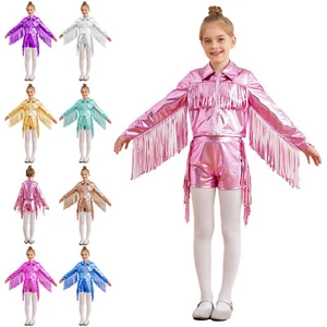 Kids Girls Dress Up Disco Coat With Bottoms Party Outfit Latin Tracksuits Shiny - Picture 1 of 32