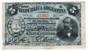 Insegna ARGENTINA P-209 5 Centavos 1890. Areco Marin bella qualità - Foto 1 di 6