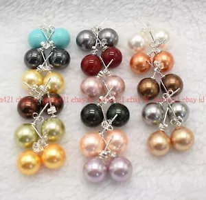 8/10/12/14mm Natural Multicolor Round Shell Pearl Beads 925 Silver Stud Earrings - Picture 1 of 26