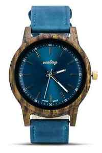 Handcrafted Modern Eco Friendly Prussian Blue Leather Analog Dial Wooden Watch
