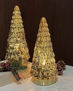 Gold Mercury Glass Christmas Tree Set of 2, Tabletop Christmas Tree with Light, - Picture 1 of 7