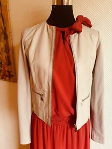Trussardi kurze beigefarbene Leder-Jersey-Jacke Größe 38/40IT - Bild 1 von 18