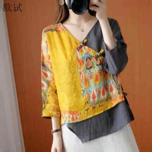 Oversized Linen T Shirt Women 2025 Summer Vintage Chinese Style Print Irregular - Picture 1 of 26