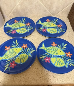 Precidio Melamine Dinner Plates Set Of 4 10 1/2" Fish Tropical Bright Colors - Picture 1 of 4