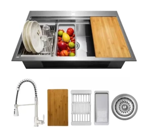 AKDY Topmount Stainless Steel 33"x22" Kitchen Sink w/Spring Faucet, Accessory - Picture 1 of 9