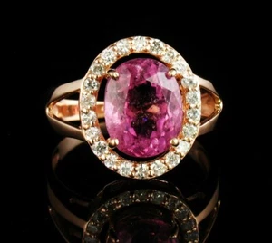 SIGNED CERTIFIED NATURAL 3.78ct PINK TOURMALINE DIAMOND SOLID 14K ROSE GOLD RING - Picture 1 of 10