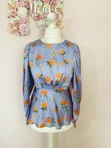 New ASOS Size 14 Floral Print Satin Puff Sleeve Blouse Top Purple & Orange - Picture 1 of 8