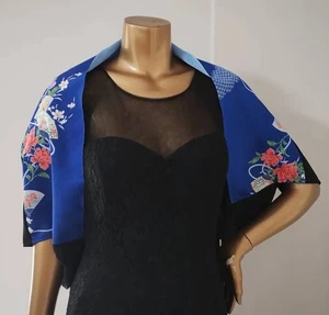 Handmade Pure Silk Kimono Scarf Blue Floral Fan Pattern Japanese Wrap Stole - Picture 1 of 4