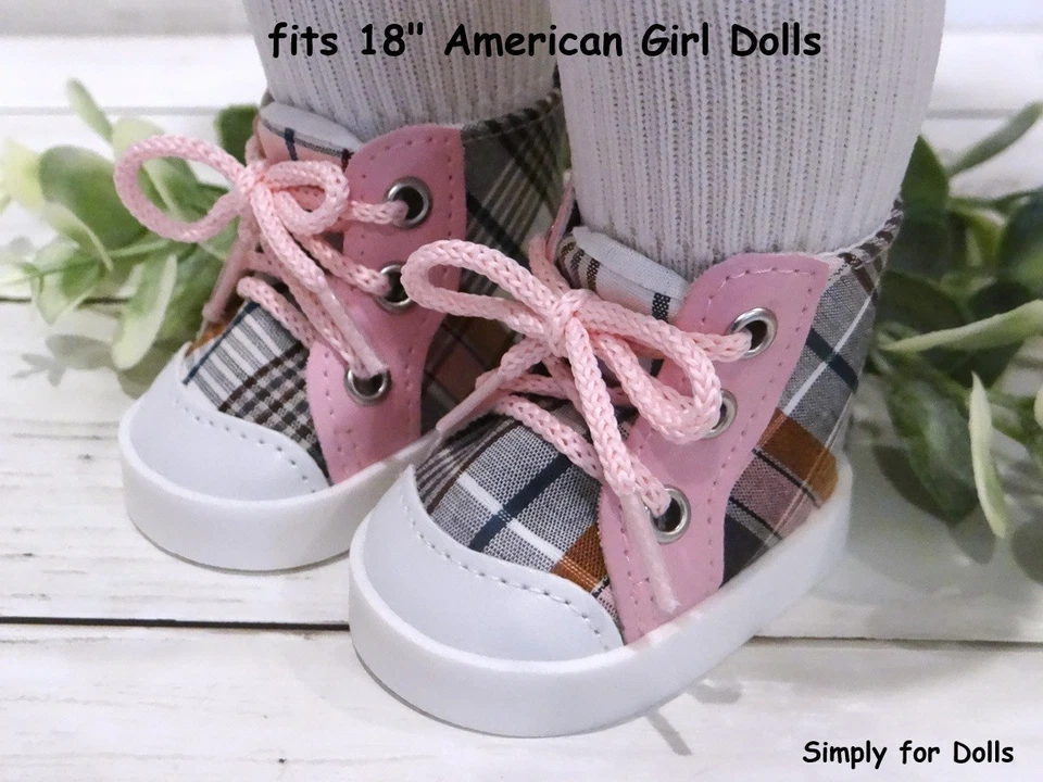 PINK BROWN BLACK Plaid Lace-Up Hi-Top SNEAKERS fits 18" American Girl DOLL SHOES
