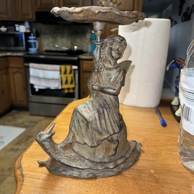 Alimentador de pájaros de hierro fundido hada en un caracol jardín estatua patio arte Foto 1 de 4