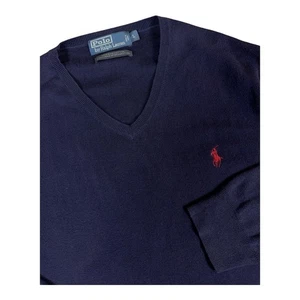 Polo Ralph Lauren V-Neck Sweater Pima Cotton Pullover Navy Blue Men’s L Pony 90s - Picture 1 of 10