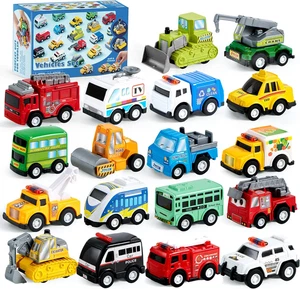 18 Pcs Pull Back City Cars and Trucks Toy Vehicles Set, Friction Powered Cars To - Picture 1 of 12
