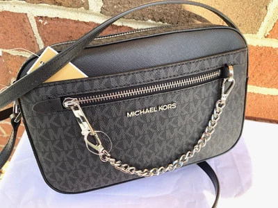 New Michael Kors Jet Set MK Signature Chain EW Crossbody Messenger Bag Black - Image 1 of 4
