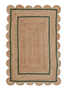 Scallop Jute Rug Rectangle Handmade Rustic Look Living Room Area Rug Beige Green - Picture 1 of 4