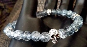 Silver Cross Spiral Skull Cracked Quartz Gemstone Stretch Bracelet Impermanence - Picture 1 of 5