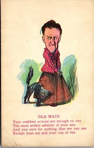Vintage Humor Comic Postcard OLD MAID Black Cat Witch Vex TRG c1910 Spinster - Picture 1 of 3