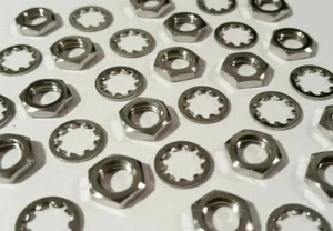 (25 pcs) 1/4-32 Bright Nickel Plated Brass Panel Pot Jam Hex Nut SST Lock Washer - Picture 1 of 1