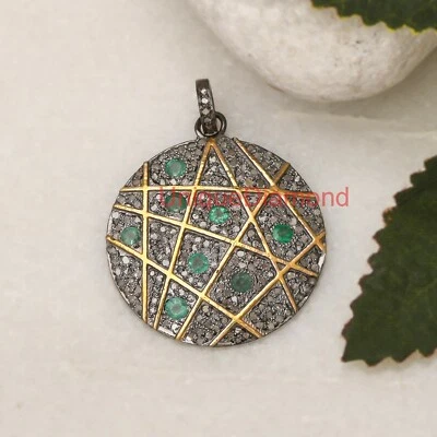 Natural diamond High quality emerald 925 Sterling Silver Handmade Round Pendant - Image 1 of 3
