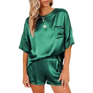 ⭐⭐Women Satin Silk Fashion Pajamas Blouse Short Sleeve Top Shorts Sleepwear SET - Picture 1 of 1