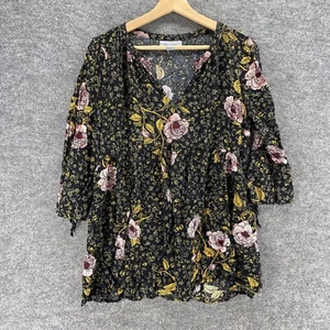 Motherhood Top Women M Maternity Black Floral 3/4 Sleeve V-Neck Rayon Blouse - Picture 1 of 9