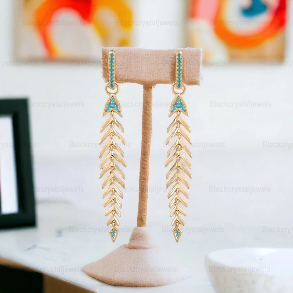 14k Gold Plated Synthetic Turquoise Fishbone Detachable Charm Hoop Earrings - Image 1 of 4
