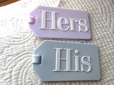 KATE SPADE HIS & HERS LUGGAGE TAG SET SOFT FLEX RUBBER LAVENDER RAISED LETTERS - Image 1 of 4